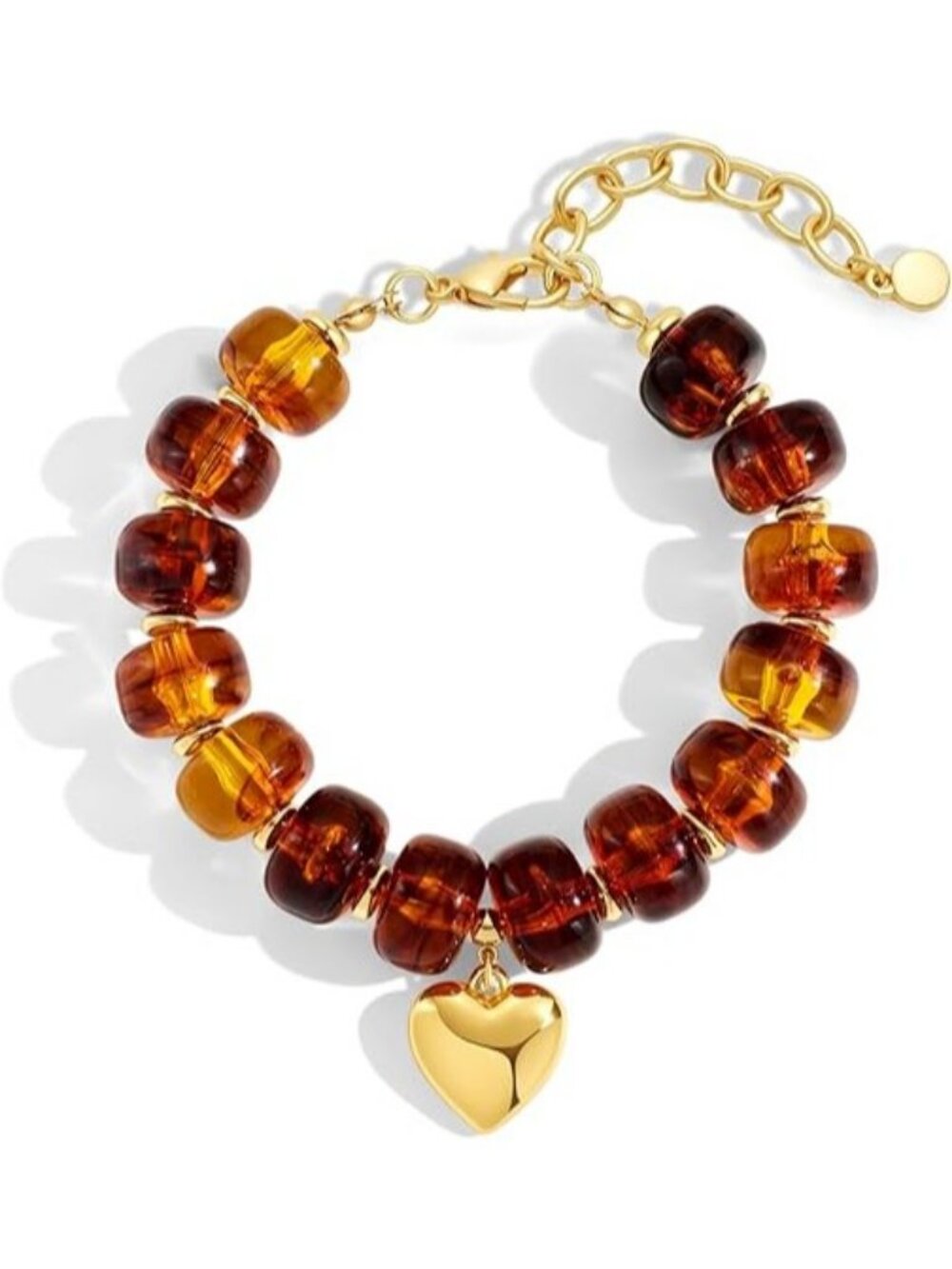 Amber Chunky Beaded Bracelet Boho Gold Heart Charm Adjustable